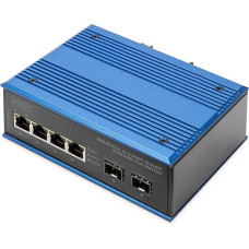 DIGITUS PoE Network Switch - 6-Port Gigabit Ethernet - 4X RJ45 + 2X SFP - IP40-10/100/1000 Mbit/s - DIN Rail Mounting - Industrial Series - Black/Blue