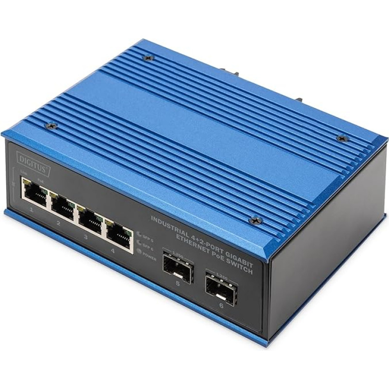 DIGITUS PoE tinklo komutatorius - 6 prievadų Gigabit Ethernet - 4X RJ45 + 2x SFP - IP40-10/100/1000 Mbps - montuojamas ant DIN bėgio - pramoninės serijos - juodas/mėlynas