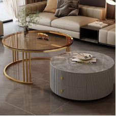 2 apvalių staliukų rinkinys su didele erdve svetainei, miegamajam, biurui, balkonui, butui (modernus spalvingas dizainas, 60 x 34 + 80 x 45 cm)