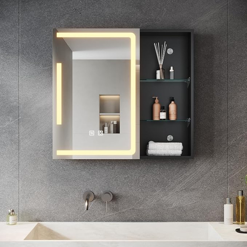 SONNI LED vonios veidrodinė spintelė su reguliuojama lentyna ir atvira saugojimo vieta, 65 x 60 cm vonios veidrodinė spintelė su apšvietimu ir kištukiniu lizdu, reguliuojama, apsauganti nuo rūko, medicinos spintelė