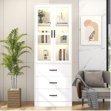 SUKY balta 200 cm aukščio vitrina, stovinti 60 x 40 x 200 cm dydžio vitrina su 3 stalčiais ir 2 stiklinėmis durelių pertvaromis, 2 judančiais LED apšvietimais - stilingas jūsų kolekcijos papildymas!