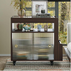 PREMTURE Side Table Couch, Side Table with Wheels, 360° Rotating, Small Coffee Table for Living Room Sofa Couch, Sofa Table with Glass Sliding Doors, Coffee Table Side Table