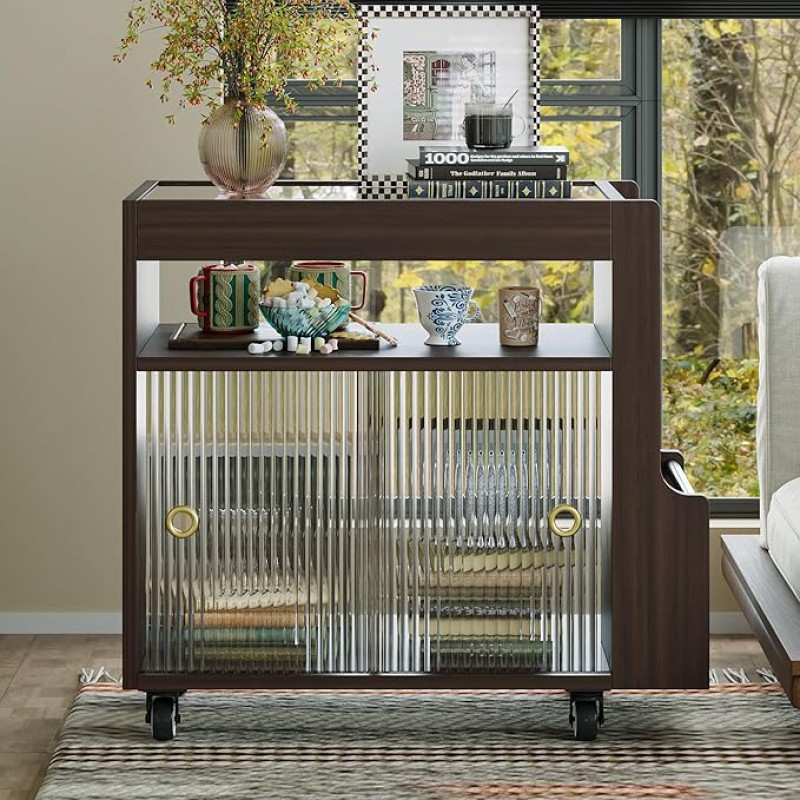 PREMTURE šoninis staliukas sofai, šoninis staliukas su ratukais, pasukamas 360° kampu, nedidelis kavos staliukas svetainės sofai, sofos staliukas su stiklinėmis stumdomomis durelėmis, kavos staliukas šoninis staliukas