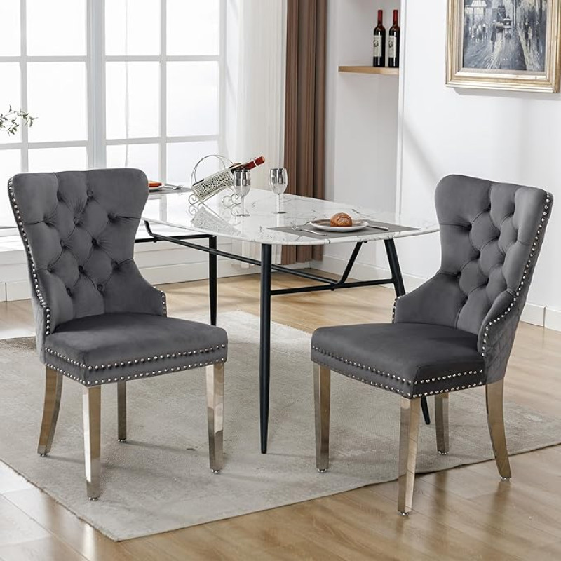 ModernLuxe Valgomojo kėdės 2 virtuvės kėdžių komplektas Svetainės kėdė - minkšta kėdė su durų stakta, vinių galvutėmis ir metalinėmis kojomis, prabangiu aksomo užvalkalu, ergonomišku atlošu - pilka