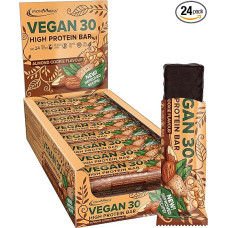 30 veganiškų baltyminių batonėlių - 100 % veganiškas baltyminis batonėlis - daug baltymų, 26 % baltymų, mažai cukraus, 0,5 g batonėlyje - be palmių aliejaus ir sojos
