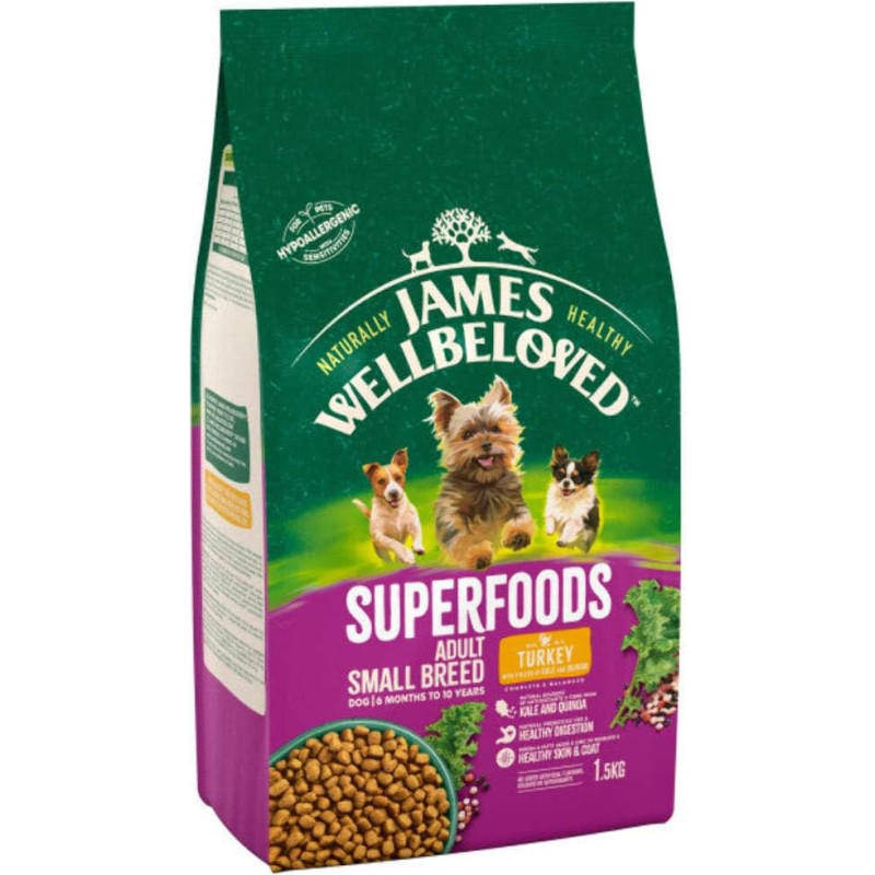 JWB Superfood Adult Small Breed Turkey Kale and Quinoa 1,5 kg maišelis, hipoalerginis, sausas šunų maistas