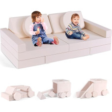 Vaikiška sofa Modulinė vaikiška žaidimų sofa, pagaminta iš putplasčio su švytinčiu efektu, suderinta su spalvomis (14 dalių vaikiškos sofos rinkinys - rožinė ir smėlio spalvos)