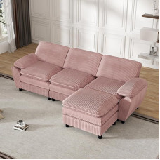 Modular Combination Sofa - Light Velvet Upholstery with 2 Pillows and Removable Ottoman, Convertible Living Room Sofa for Apartment or Home