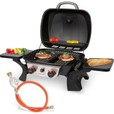 ProfiCook gas grill with 2 stainless steel burners, table grill including gas pressure regulator and gas hose, grill with sturdy metal hood and temperature display, small gas grill for balcony and