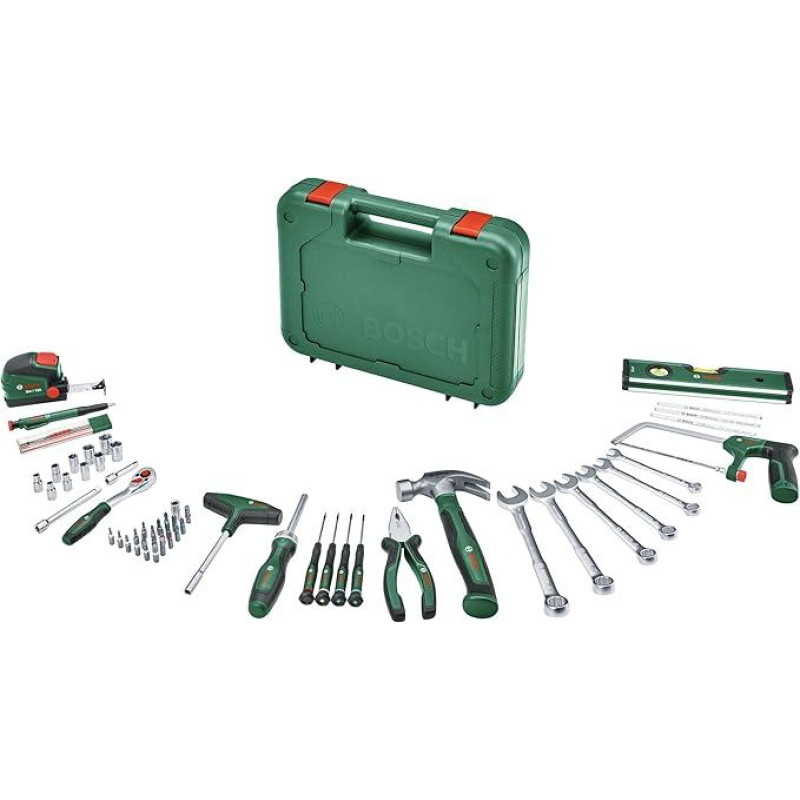 Bosch Werkzeug-Set 64-teilig (vielseitige, ergonomische Werkzeuge aus hochwertigen Materialien; Zange; Schraubenschlüssel; Schraubendreher; Ratsche; Messwerkzeuge; Säge; Hammer; Tieflochmarker)