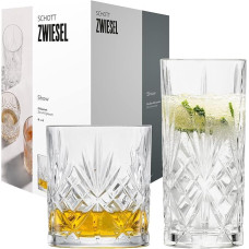 SCHOTT ZWIESEL parodomųjų taurių rinkinys iš 8 taurių, 4 grakščios ilgos taurės ir viskio taurės su reljefu Krištolinės taurės, kurias galima plauti indaplovėje (gaminio Nr. 121881), Krištolas
