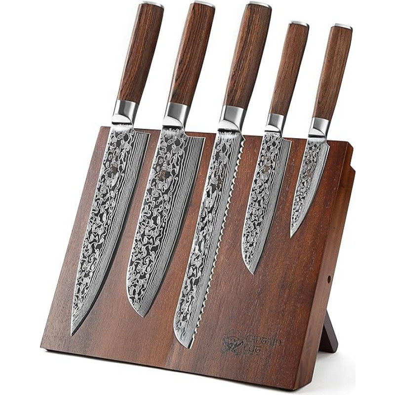 5-Piece Stainless Steel Kitchen Knife Set with Damask Look Including Magnetic Knife Block I 5 Kitchen Knives with Pakka Wood Handle in Set I Knife Set with Block Made of Acacia Wood