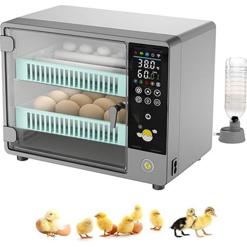 Visiškai automatinis inkubatorius 24 kiaušiniams, su automatine kiaušinių apvertimo ir drėgmės stebėsena, temperatūros reguliavimu, 5 veisimo režimais, tinka viščiukų, ančių, žąsų, putpelių kiaušiniams (pilkas)