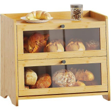 BAMBANG Didelė bambuko duonos dėžė, skirta virtuvės stalui, 2 pakopų duonos dėžė, medinė duonos dėžė, duonos laikymo talpykla, skirta naminei duonai, natūrali
