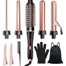 Terminis šepetėlių rinkinys 5 in 1, garbanojimo šepetėlių rinkinys su 4 keičiamais keraminiais garbanojimo šepetėliais 10-32 mm visų tipų plaukams ir kelionėms, temperatūros nustatymas, dvigubas įtempimas, pirštinė