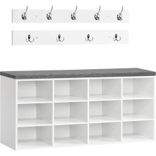 HOOBRO EWT112HX01 Shoe Rack Set, Shoe Bench with 12 Compartments, Shoe Rack with Padded Bench, Wall Coat Rack with 9 Hooks, Shoe Cabinet for Hallway, Entrance, Bedroom, White