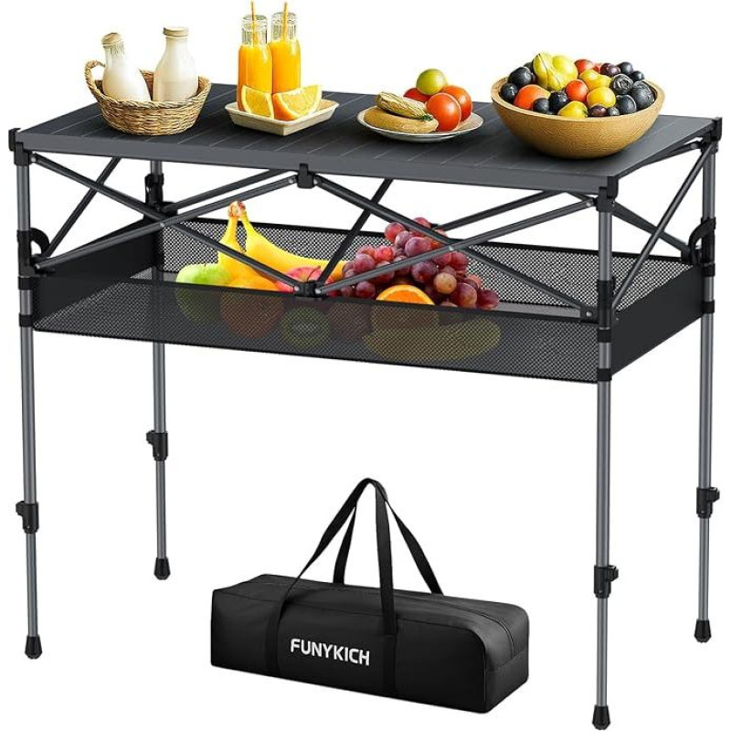 FUNYKICH sulankstomas stovyklavimo stalas, 100 x 50 cm, sulankstomas stalas su 2 reguliuojamo aukščio (70/87 cm), lengvai surenkamas, nešiojamas sulankstomas stalas su tinklelio kišene, aliuminis, susukamas stalviršis griliui, stovyklavimui