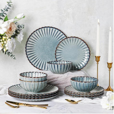 GBHOME indų rinkinys 4 asmenims, 12 dalių, akmens masės lėkštės ir dubenys su rankų darbo reljefine struktūra ir reaktyvia glazūra, plaunami indaplovėje ir mikrobangų krosnelėje