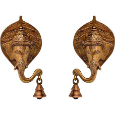 Purpledip Žalvario sieninis pakabinamas antikvarinis Ganešos varpas (2 vnt.): Simetriškos galvutės taikai, harmonijai ir pusiausvyrai namuose užtikrinti (11037)
