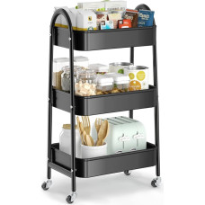 EAGMAK 3 Tier Rolling Cart Metal Storage Cart with Handle and Lockable Wheels, Multifunctional Storage Organizer with Mesh Baskets for Kitchen, Living Room, Office, Garage (Black)