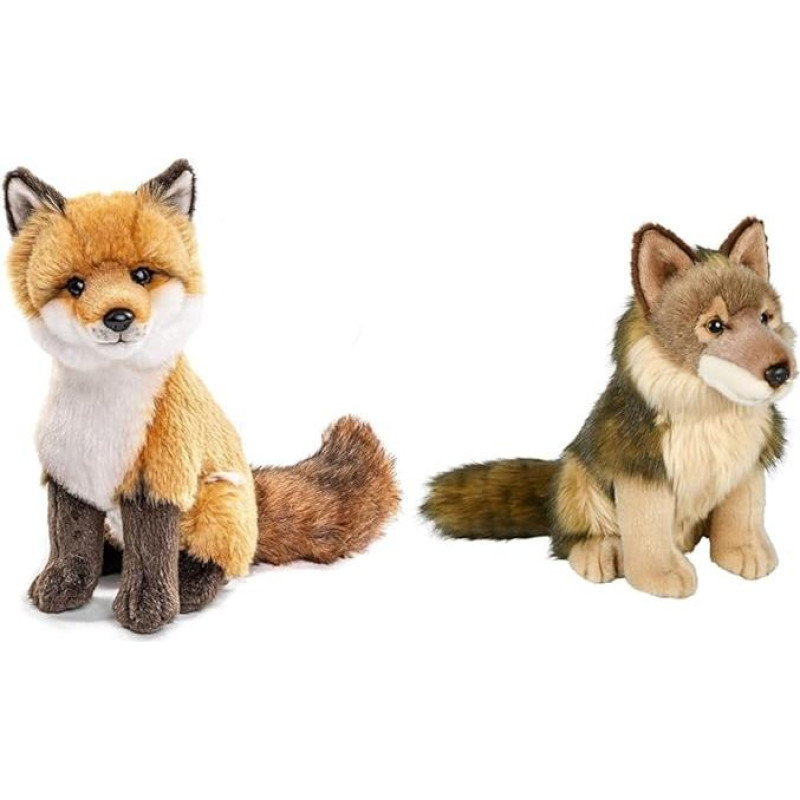Uni-Toys - Red Fox Classic - 27 cm (Height) - Plush Fox, Forest Animal - Plush Toy, Cuddly Toy & - Wolf, Sitting - 25 cm (Height) - Plush Wolf, Lupus - Plush Toy, Cuddly Toy