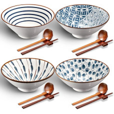 Keraminių Ramen dubenėlių rinkinys iš 4 japoniškų didelių Ramen dubenėlių su lazdelėmis, šaukštais ir lentynomis Keraminiai Ramen Azijos sriubos dubenėliai Salotų makaronai