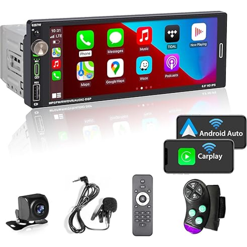 Alondy [Wireless] Car Radio Single DIN with 6.9 Inch / 17.5 cm Screen, Compatible with Apple CarPlay, Wireless/Android, Bluetooth Type-C USB 2.1A, Quick Charge, Reversing Camera, AM/FM/RDS Radio DSP