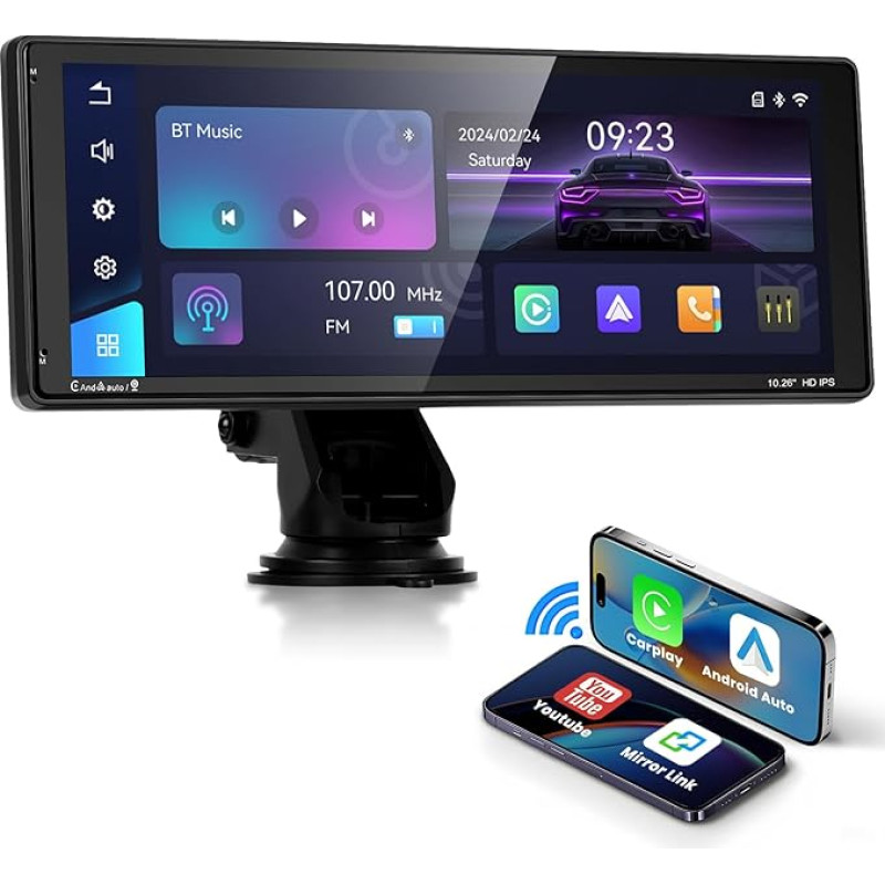 Podofo Wireless Carplay Car Radio Android Car, 10.26 Inch Touchscreen Carplay Display with Airplay/Android Cast/YouTube/Bluetooth/GPS/Voice Control/TF Input