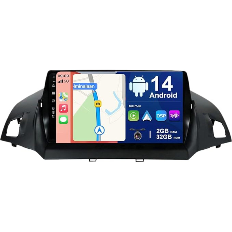 BXLIYER Android 14 IPS Car Radio Suitable for Ford Kuga (2013-2018) - Built-in CarPlay Android Car - Free Reversing Camera - 2G + 32G - 9 Inch 2 DIN - DAB Steering Wheel Control WiFi Fast Boot DSP 4G