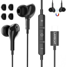 LAMSCAT USB C Headphones with Microphone, In-Ear Headphones with Cable, Magnetic Stereo and Volume Control for Samsung, Huawei, iPhone 15, Google Pixel, Xiaomi, One Plus, etc. Black