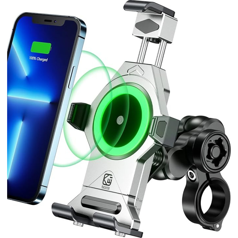 KEWIG Anti-Theft Waterproof Motorcycle Mobile Phone Holder 15 W Wireless with Vibration Damper, One-Push Automatic Lock and Quick Release