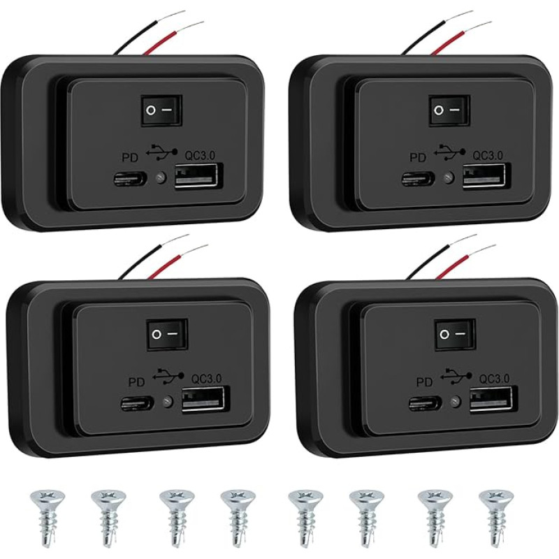 4.8A Dual USB Socket for Car Charger with Switch and LED, 12V/24V PD and QC3.0 USB Panel Charging Socket, Suitable for RV, Truck, Boat, SUV (Pack of 4)