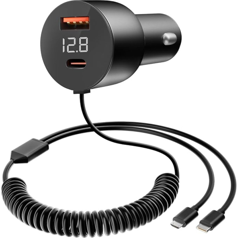 YANTU 78W Metal 4-Port Car Charger with PD & QC3.0, 40 Inch Coiled Type C Cable for Fast Charging of Samsung Galaxy, iPhone, iPad, Pixel and Android Devices