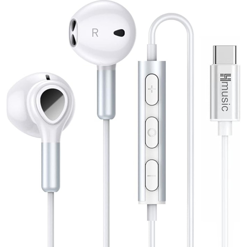 Hmusic USB C Headphones, Type C Earphones Magnetic Wired Earbuds In-Ear Headset with Microphone Volume Control for Android Smart Phones for Samsung Galaxy, Google Pixel, Xiaomi (White)