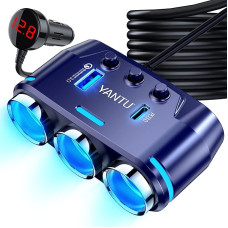 YANTU Cigarette Lighter Adapter 3 Outlet with Voltage Display LED Car Charger Dual USB On/Off Switch 12V Adapter Car Splitter Dash Cam (Blue)