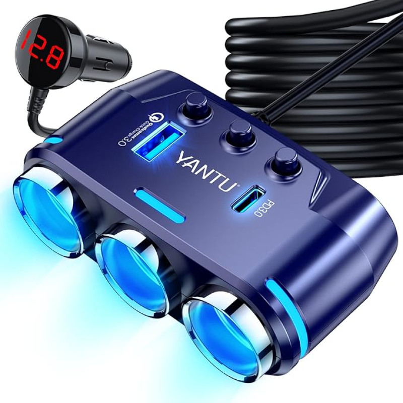 YANTU Cigarette Lighter Adapter 3 Outlet with Voltage Display LED Car Charger Dual USB On/Off Switch 12V Adapter Car Splitter Dash Cam (Blue)