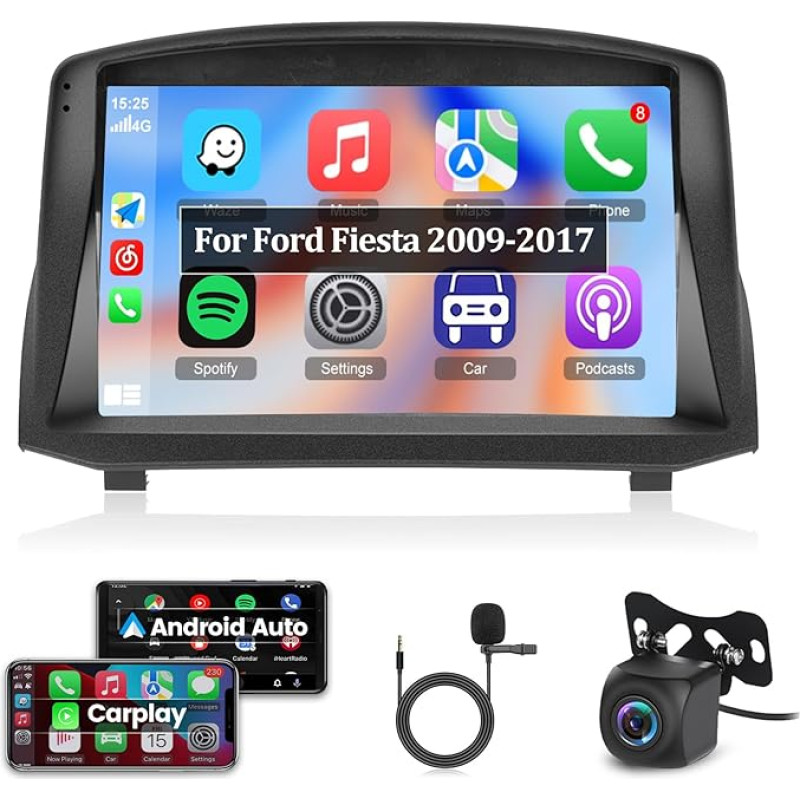 2+64G Android Car Radio for Ford Fiesta 2009-2017 with Carplay and Android Car - 9 Inch Touchscreen Radio - WiFi GPS SWC + Reversing Camera & Microphone