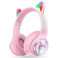 AXFEE Children's Headphones, 5.3 Bluetooth Children's Headphones Over-Ear with LED Lights, Volume Limited 105 dB, Stereo Headphones Wireless, Girls Cat Ear Headphones for Mobile Phone/Tablet/PC