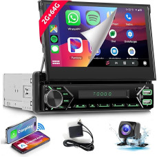 podofo Android Car Radio 1Din with 7 Inch Touchsreen Manual Retractable Screen Wireless Carplay/Android Car Bluetooth 5.1 FM/RDS 2USB/MIC/Type C/AUX/Steering Wheel Control with Reversing Camera