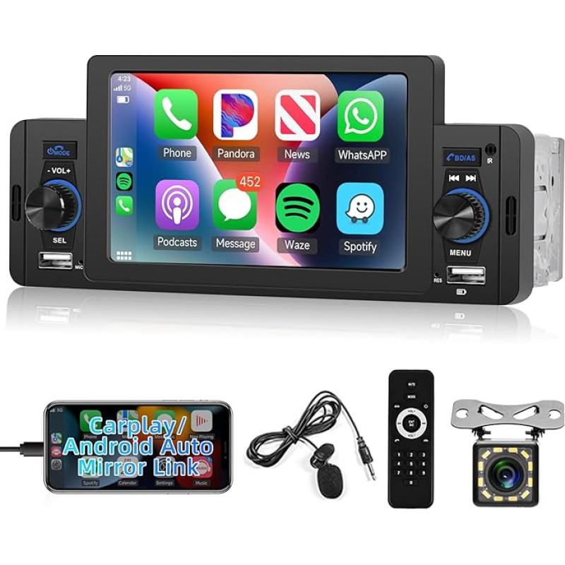 Hodozzy 1 DIN Car Radio Carplay Android Car, 5 Inch Touchscreen Screen Radio FM Radio Stereo with Mirror Link Bluetooth USB/AUX-In/SD Card Connection SWC + Reversing Camera Car MP5 Player