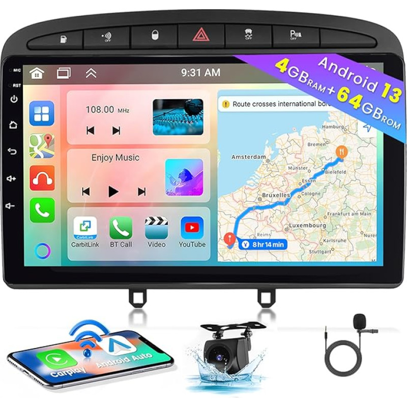 [8 Core 4+64GB] Android 13 Car Radio, Wireless CarPlay Android Car, for Peugeot 308/408 2007-2013 Radio, Screen 9 Inch, Bluetooth, Mirror Link, GPS WiFi DSP FM SWC USB