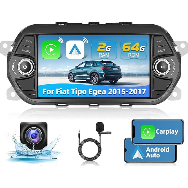 Podofo 2+64G Car Radio for Fiat Egea Tipo 2015 2016 2017 with Wireless CarPlay Android Car 7 Inch Car Stereo Radio Screen Display with Bluetooth WiFi, GPS, RDS + Reversing Camera