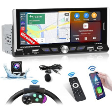 Inefala 1 DIN Car Radio with Wireless Carplay and Android Car, 6.9 Inch Screen with Bluetooth, Mirror Link, RDS FM Support, Steering Wheel Control, EQ, USB, Type-C, Rear View Camera