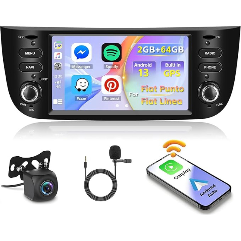 Inefala 2+64B Android Carplay Car Radio for Fiat Punto 2010-2016/Linea 2012-2015, 6.2 Inch Touchscreen Radio with CarPlay Android Car, Bluetooth, Mirror Link, WiFi, GPS, RDS FM, AHD Reversing Camera