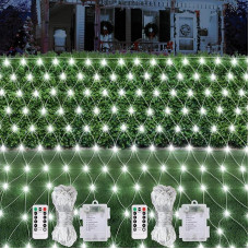 Akumuliatorinis Kalėdų tinklo apšvietimas, 1,5 m x 1,5 m, 100 LED šviesos diodų styginių lempučių su nuotolinio valdymo pulteliu, laikmatis, 8 režimai, reguliuojamas apšvietimas, lauko tinklelis, skirtas Kalėdų eglutei, krūmui, sodui