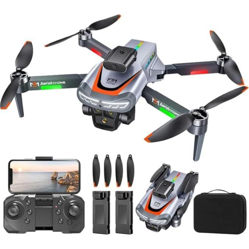 Dronas su 4K kamera, šviesos srauto vieta levitacijoje, 360° kliūčių išvengimo galvutė, bešepetėlinis variklis, nuotolinio valdymo dronas su 2 baterijomis - pilkas