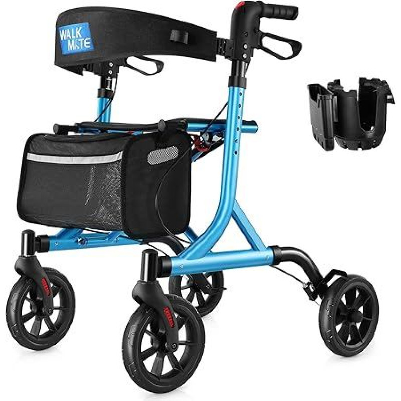 WALK MATE vaikštynė senjorams su puodelio laikikliu, patobulintu nykščio mygtuku aukščiui reguliuoti, 4 x 8 colių ratais, vaikštynė su sėdyne, paminkštintu atlošu, sulankstoma,