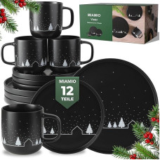MIAMIO Kalėdiniai indai 4 asmenims/12 dalių matinės juodos spalvos keraminių indų rinkinys Kalėdų žiemai - sniego peizažo motyvas / galima naudoti mikrobangų krosnelėje ir indaplovėje - Vinter kolekcija