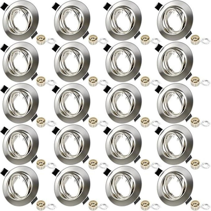 LED įleidžiamo prožektoriaus rėmelių rinkinys, lubų prožektoriai, montavimo rėmelis su GU10 lizdu, 68-80 mm skylės dydis, apvalus šukuoto nikelio metalo 30° pasukamas, skirtas LED arba halogeninėms lemputėms, 20 vnt.