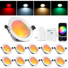 9 W RGBWC + CCT LED Recessed Spotlight 230 V, 10 WiFi Bluetooth LED Recessed Lights, Dimmable LED Ceiling Spotlight, Flat Recessed Spotlights, Alexa, RGB+2700K-6500K, App Control, Compatible with Alexa Google Home